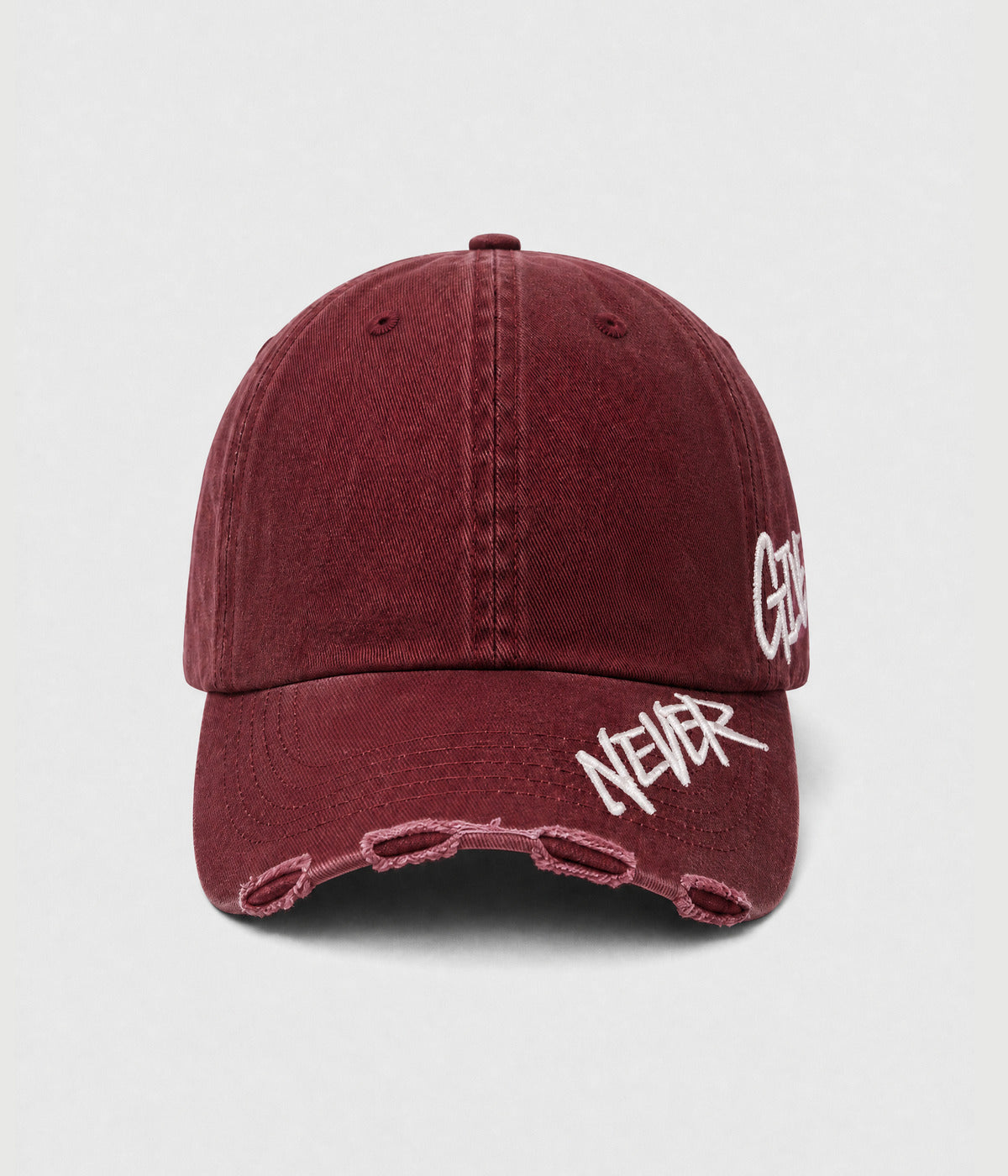NEVER GIVE UP. washed distressed cotton dad cap in RED, front view