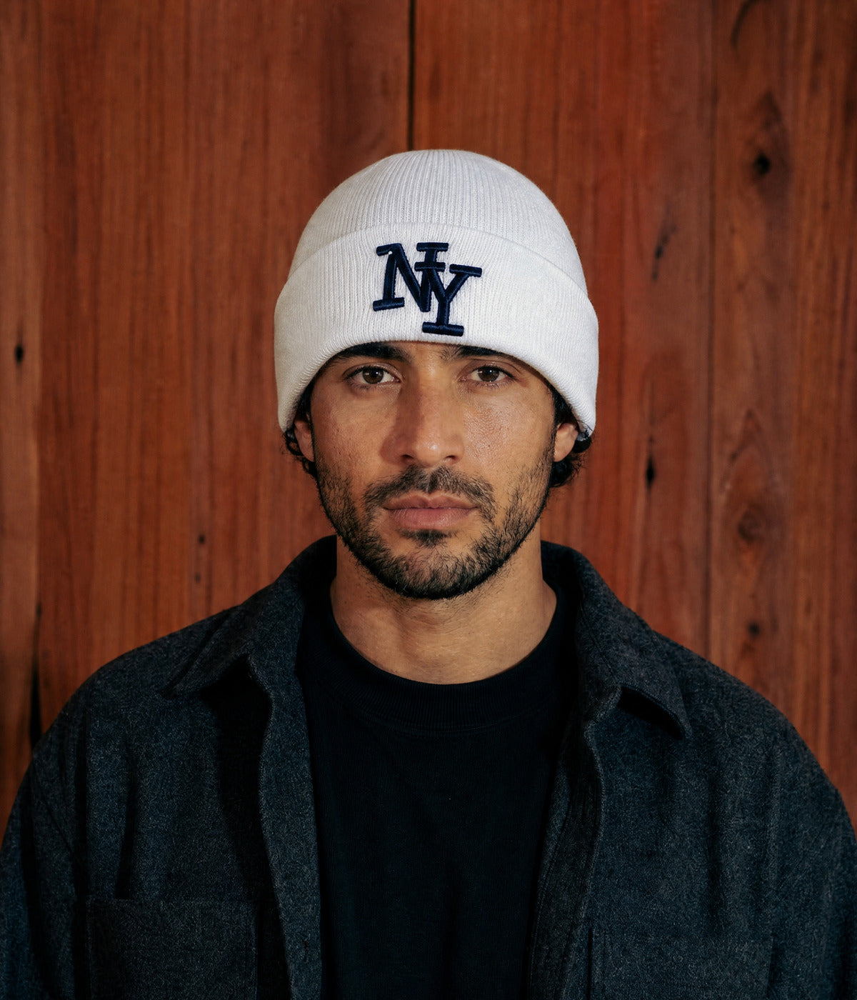 NY BEANIE. — WHITE worn