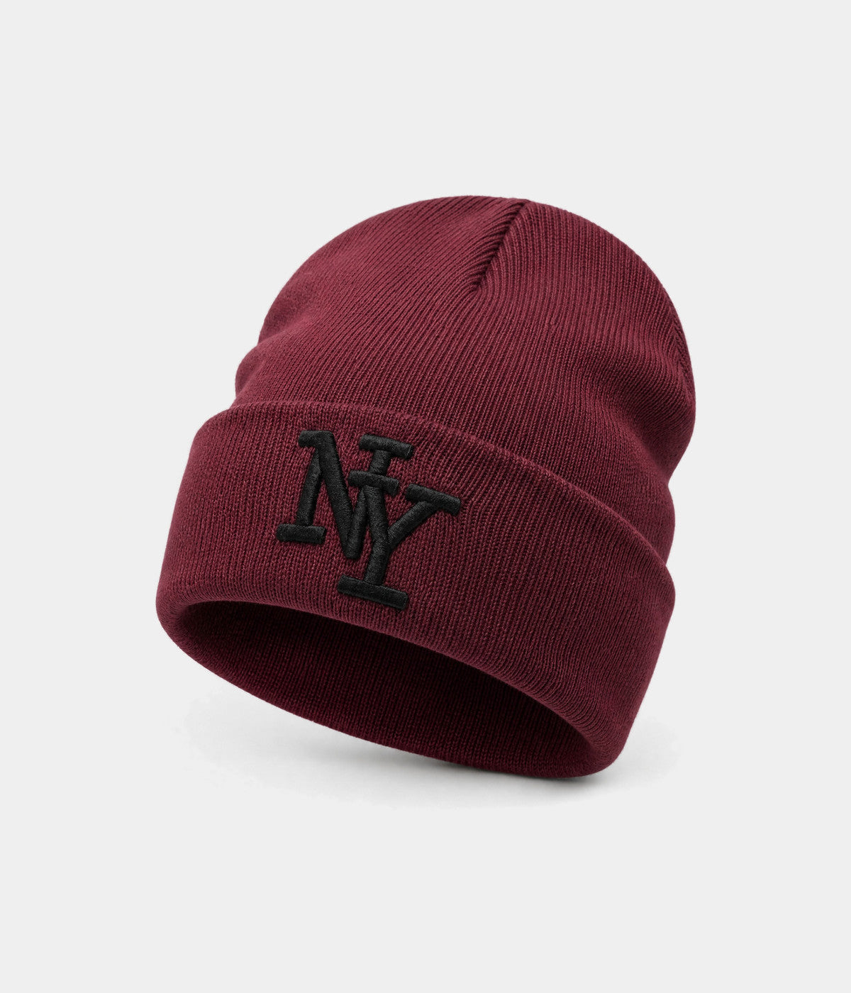 NY BEANIE. ribbed knit beanie in BURGUNDY, front view