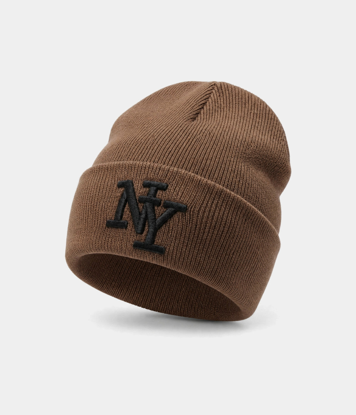 NY BEANIE. ribbed knit beanie in COFFEE, front view