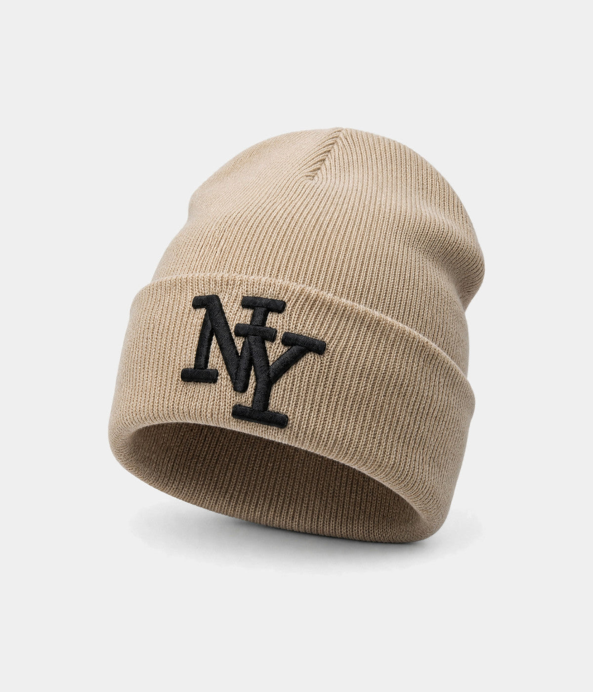 NY BEANIE. ribbed knit beanie in KHAKI, front view