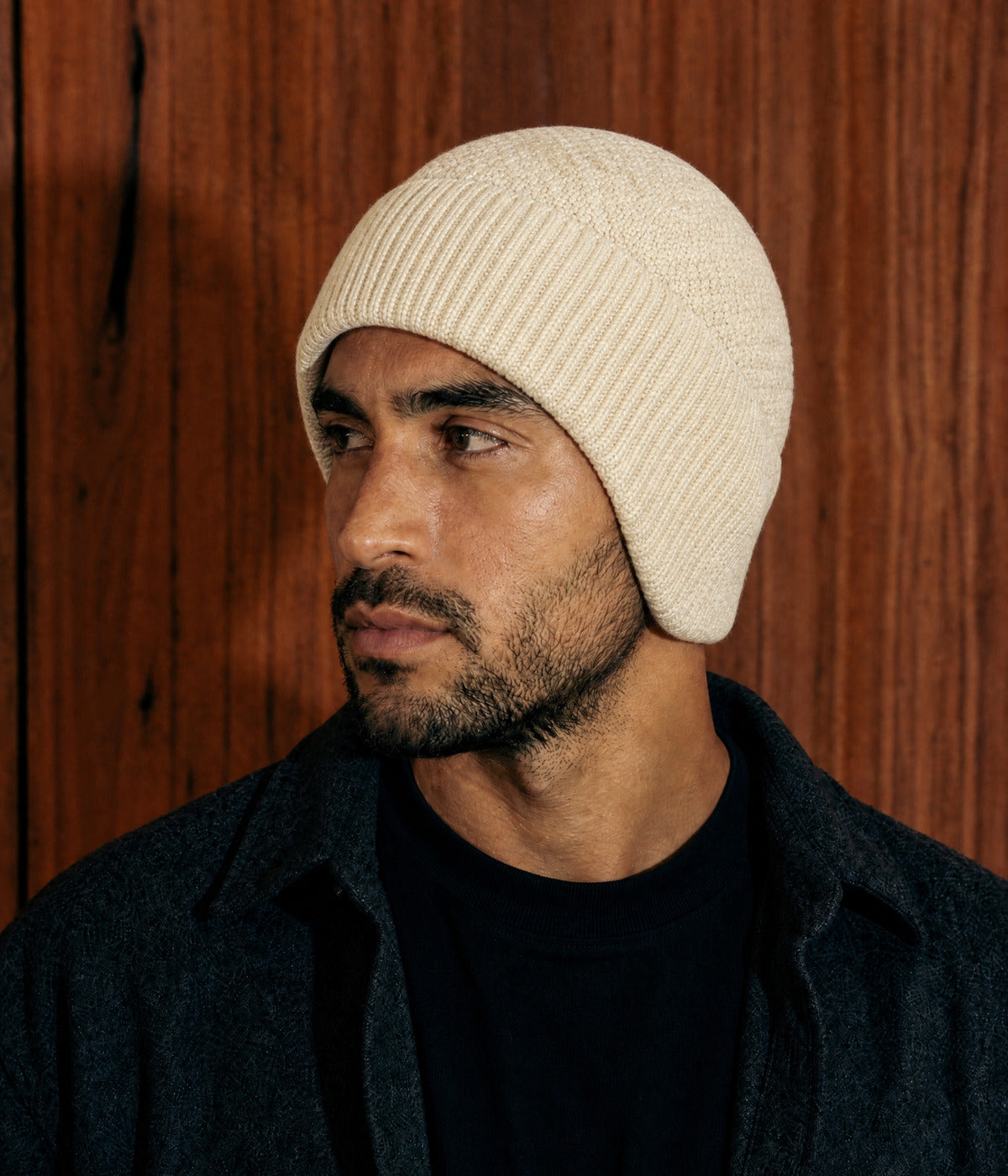 PATTERNED EARMUFF BEANIE. — BEIGE worn