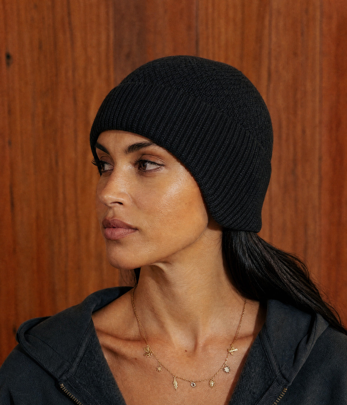 PATTERNED EARMUFF BEANIE. — BLACK worn