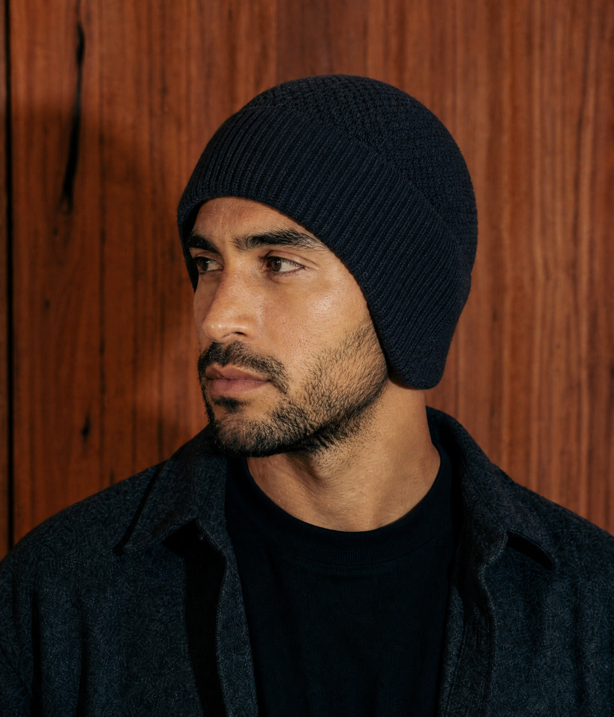 PATTERNED EARMUFF BEANIE. — BLACK worn