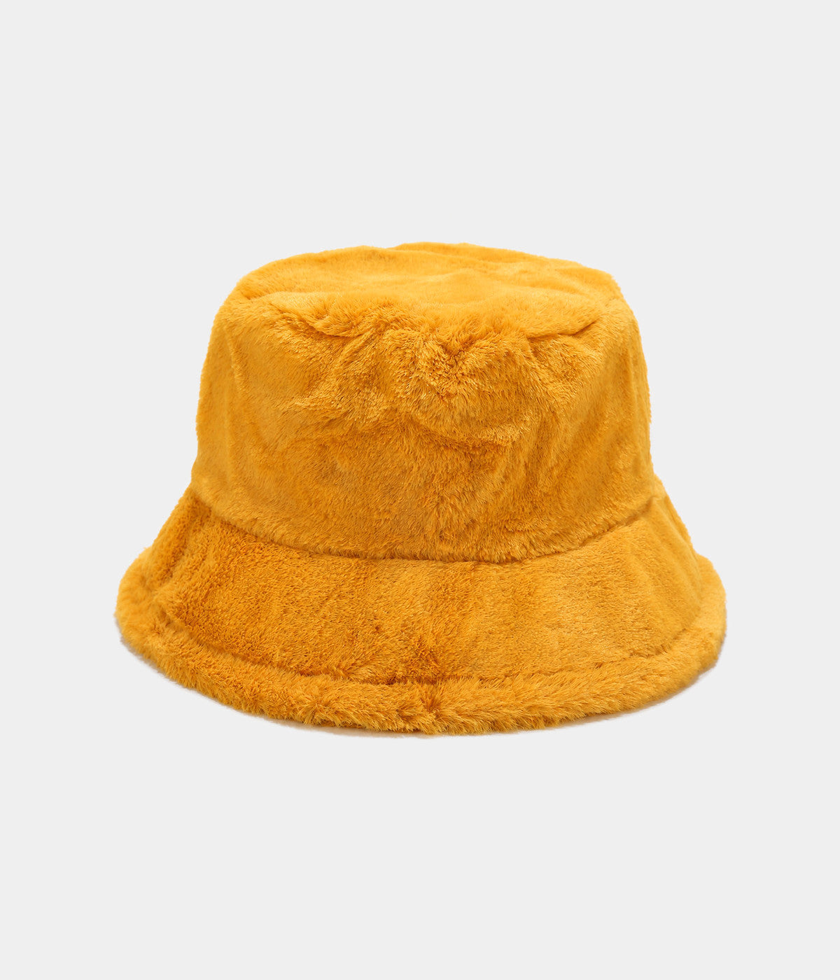 PLUSH BUCKET. faux-fur bucket hat in MUSTARD, front view