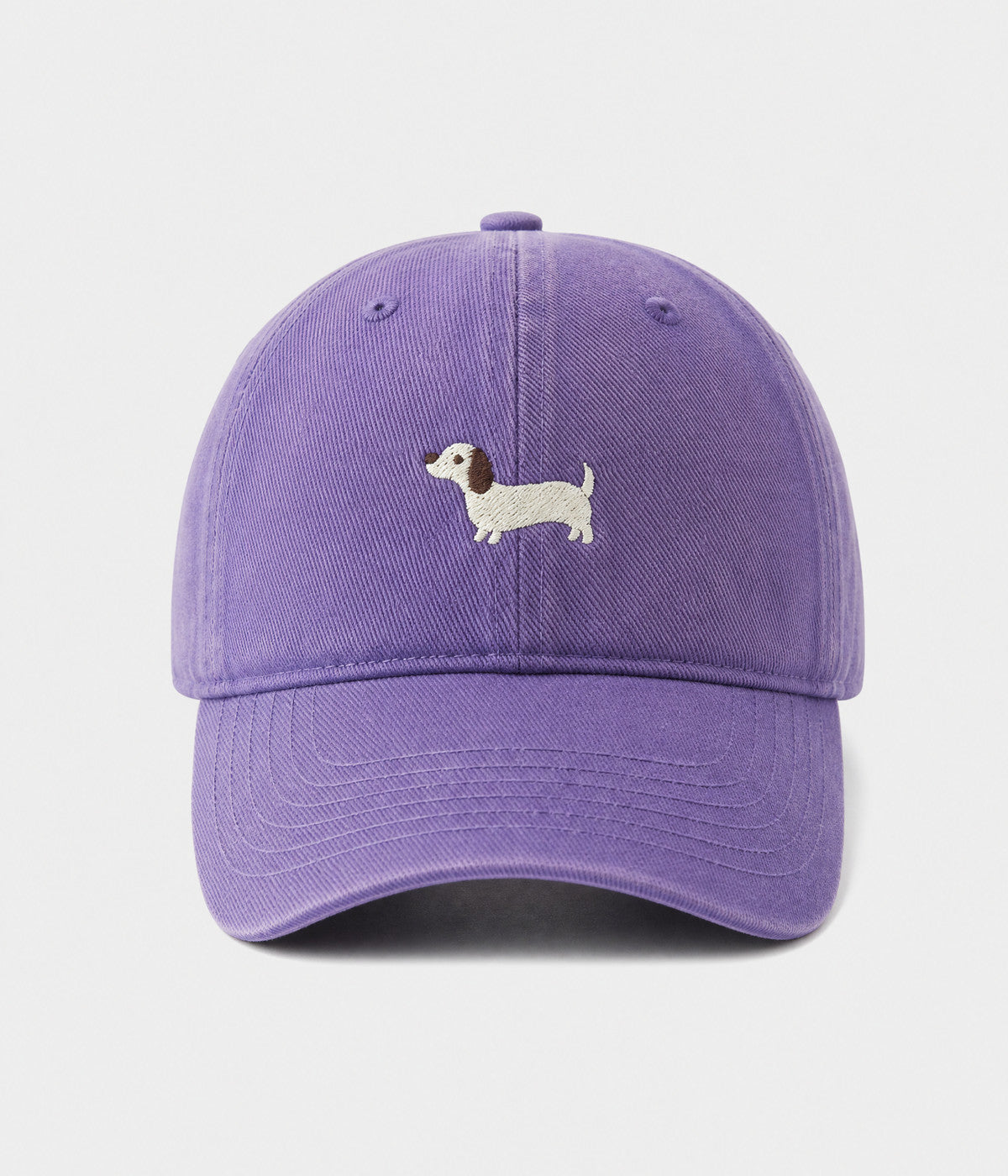 SAUSAGE DOG. washed cotton cap in purple, front view