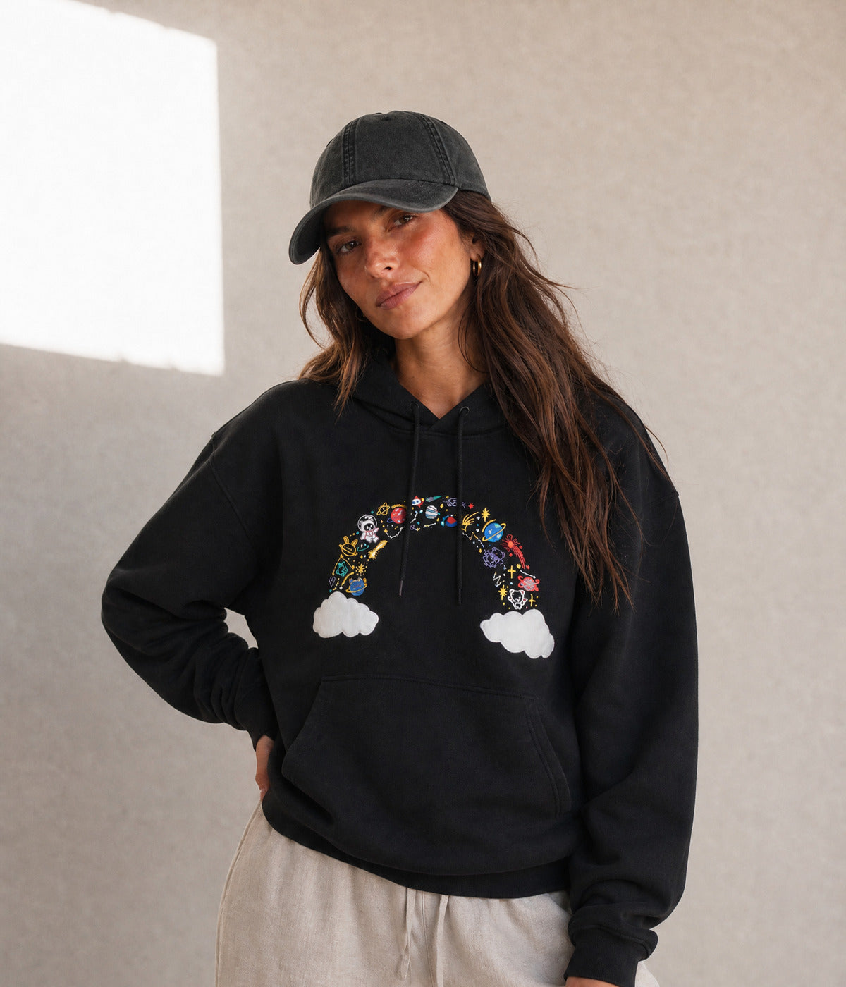 RAINBOW HOODIE. on model