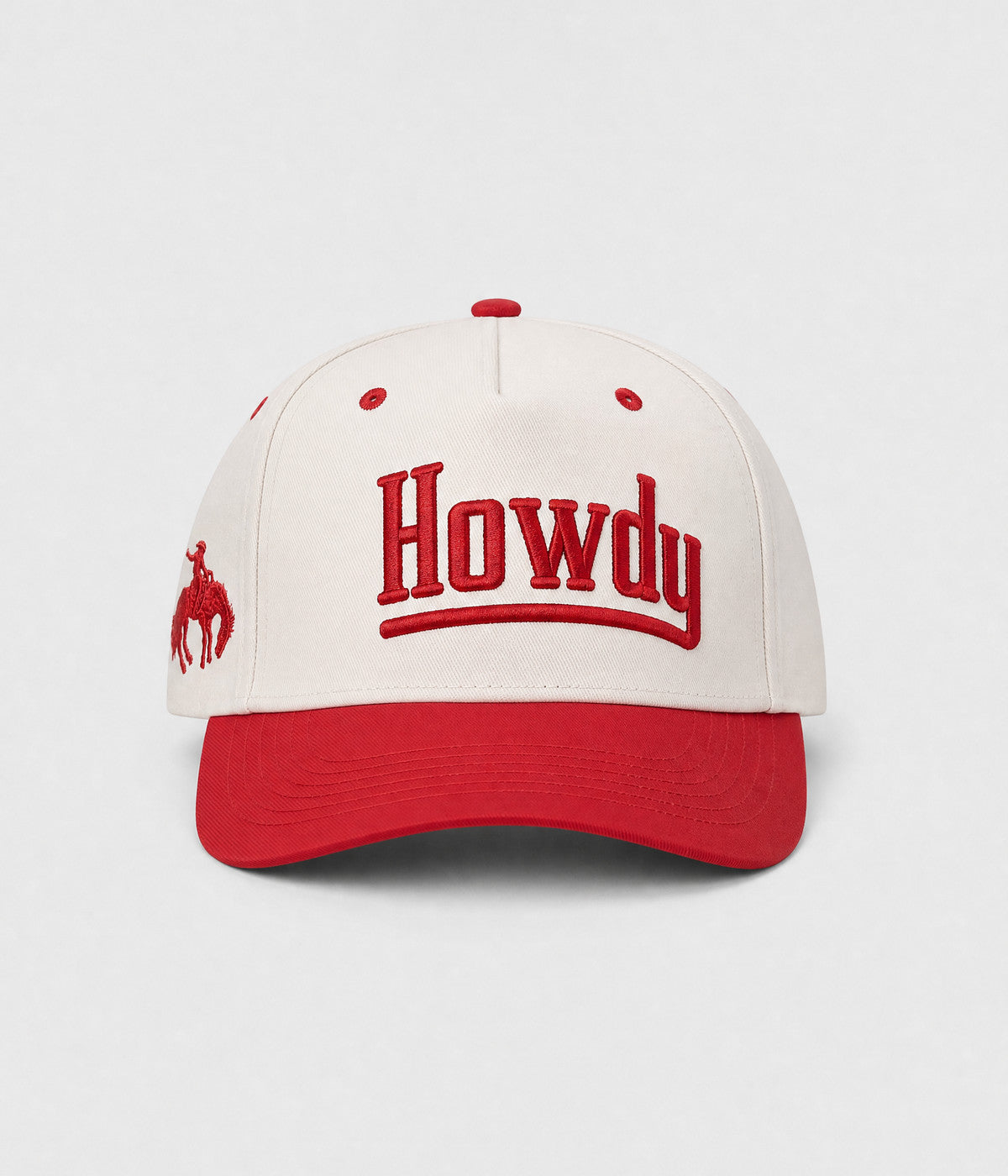 HOWDY SNAPBACK. structured cream cotton snapback cap in RED, front view