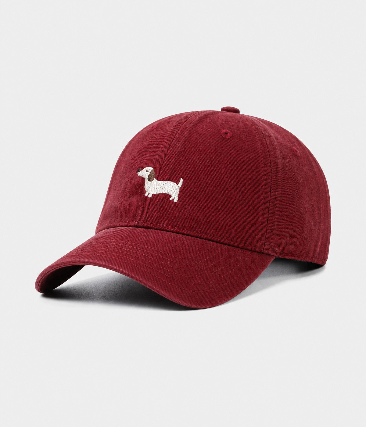 SAUSAGE DOG. washed cotton cap in red, side view