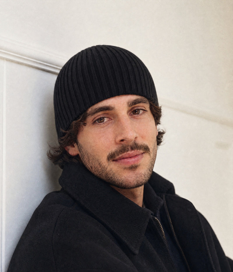 RIB KNIT BEANIE. — BLACK worn