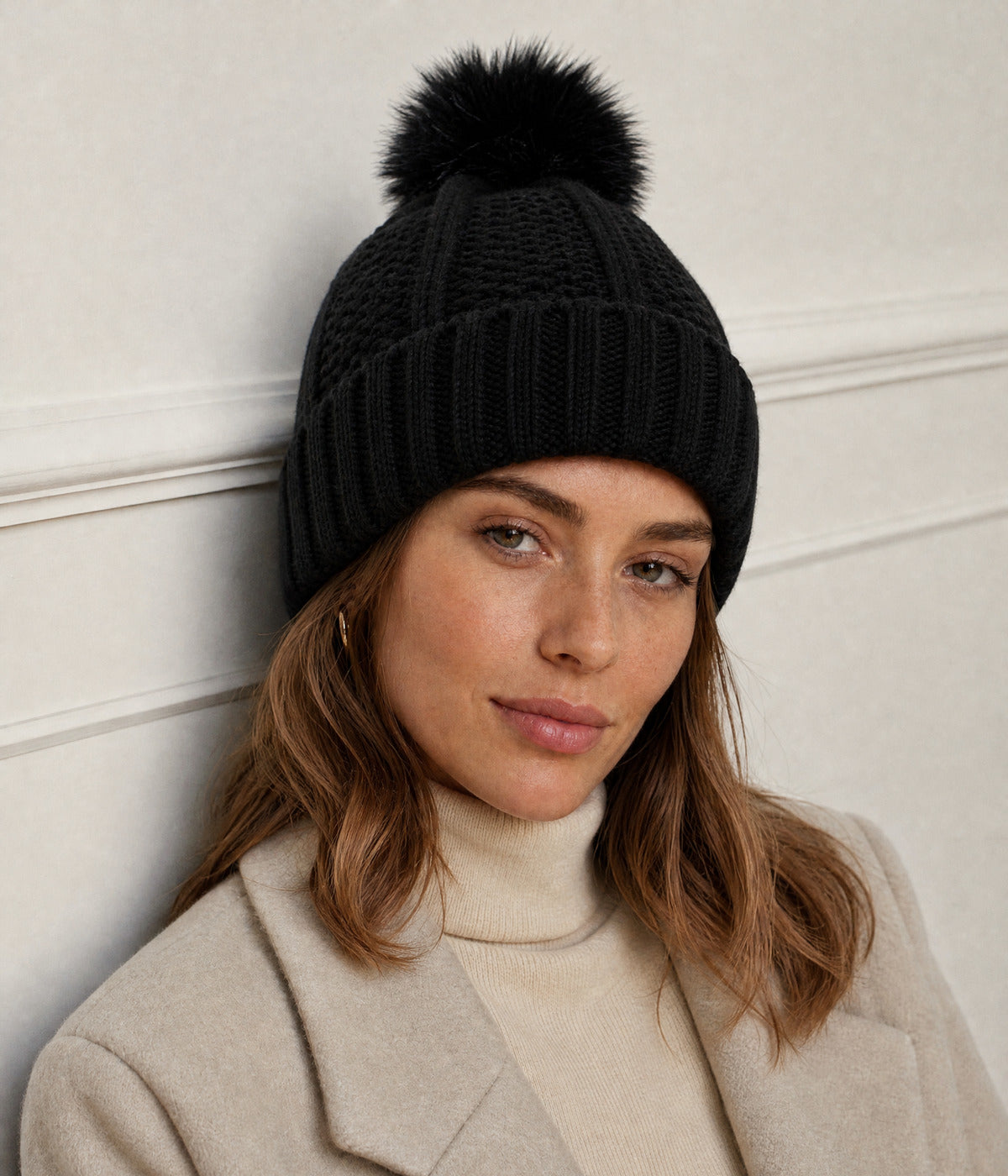 SATIN POMPOM BEANIE. — BLACK worn