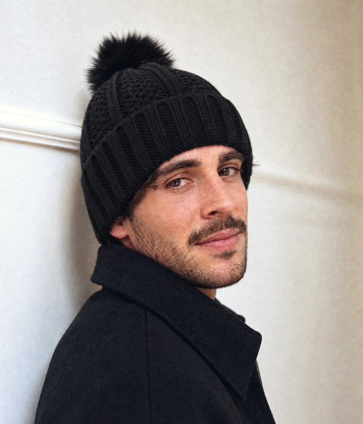 SATIN POMPOM BEANIE. — BLACK worn