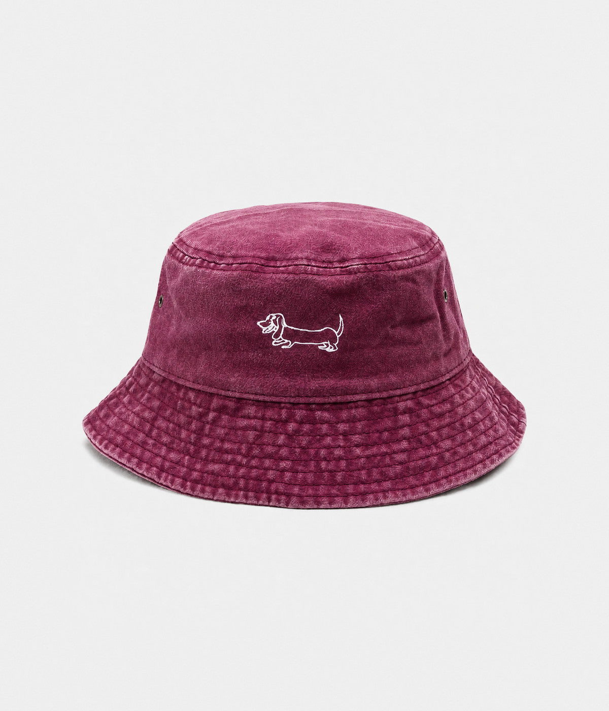 SAUSAGE DOG BUCKET. burgundy washed bucket hat front
