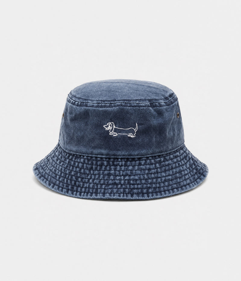 SAUSAGE DOG BUCKET. navy washed bucket hat front