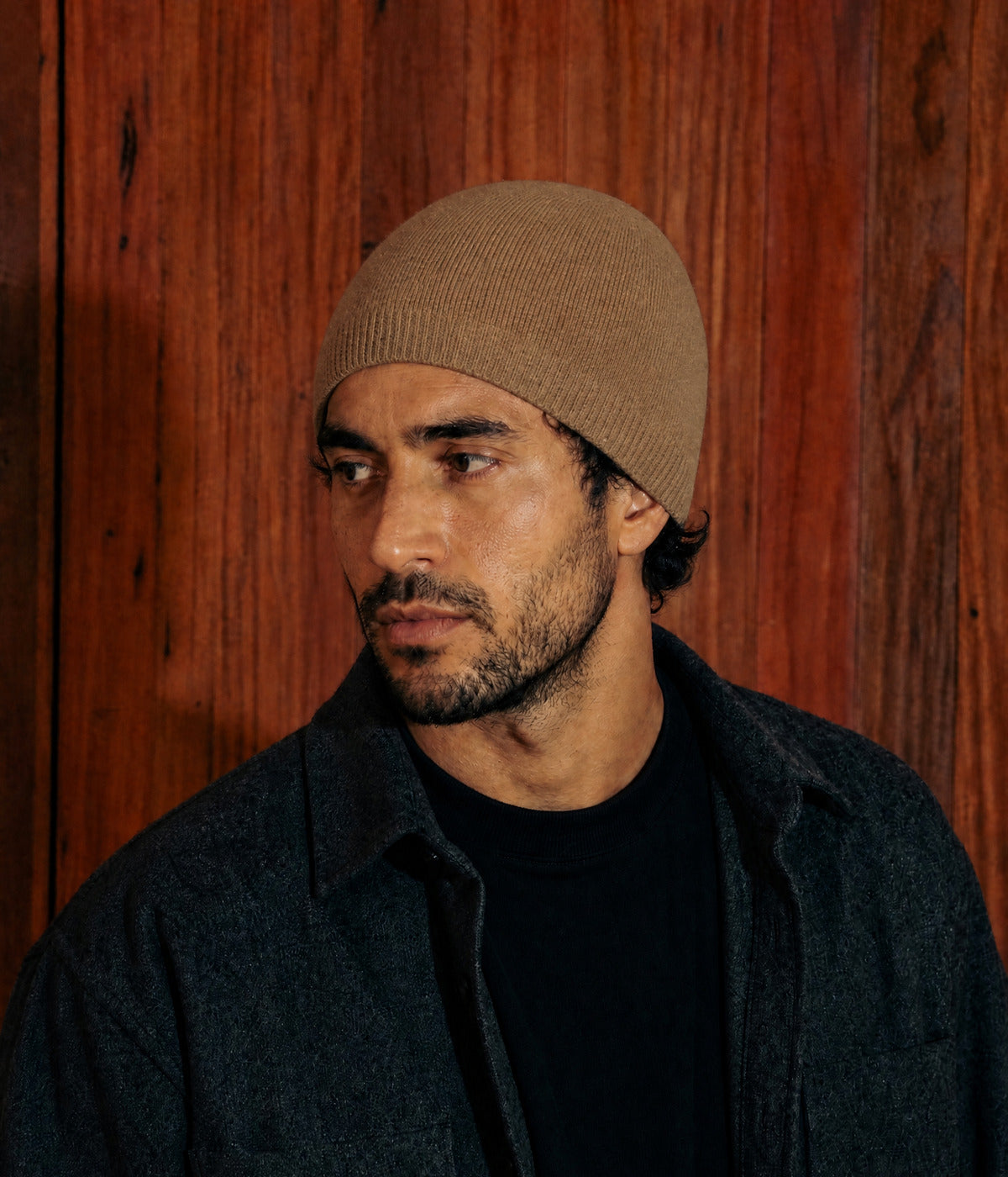 SLIM FIT BEANIE. — KHAKI worn