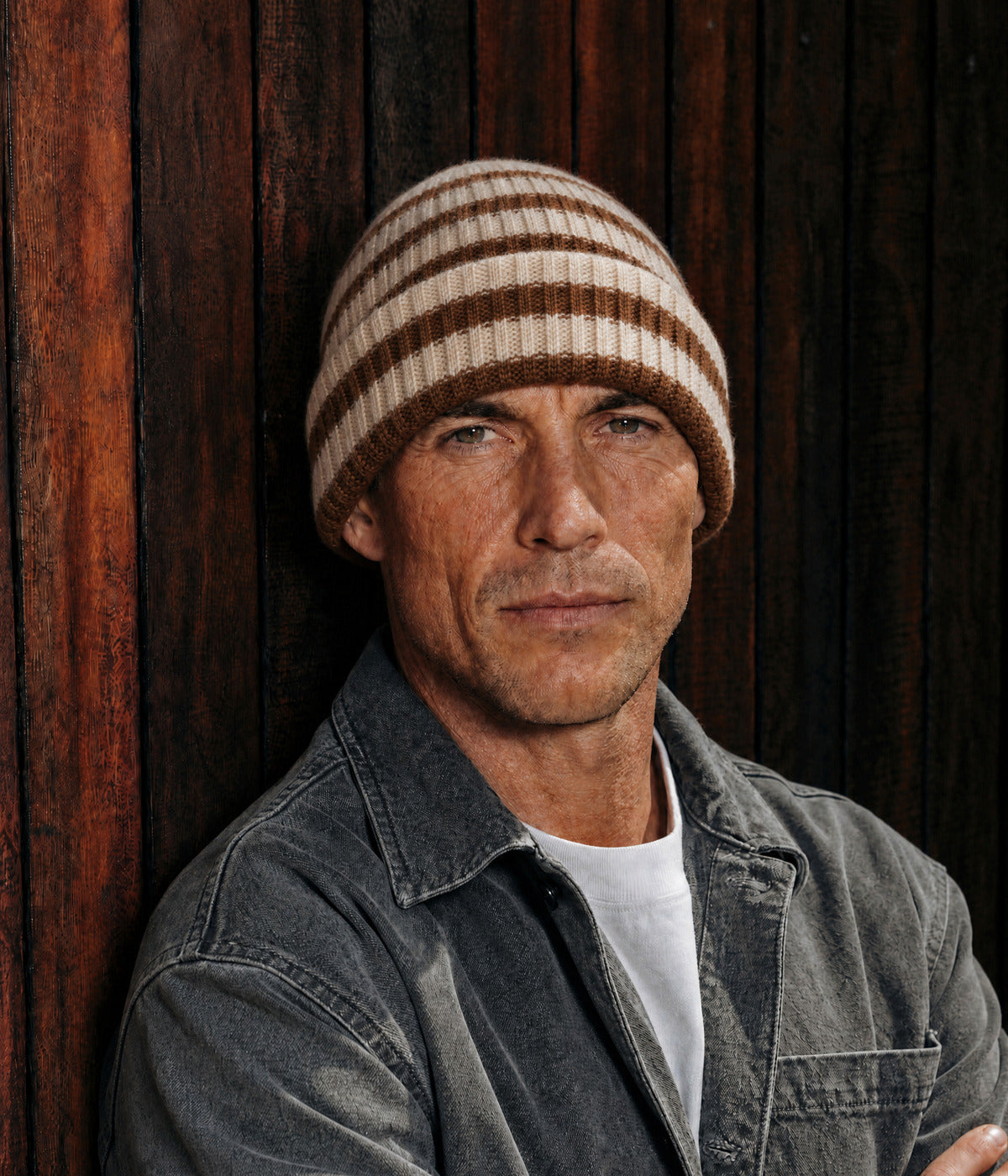 STRIPED BEANIE. — BROWN worn
