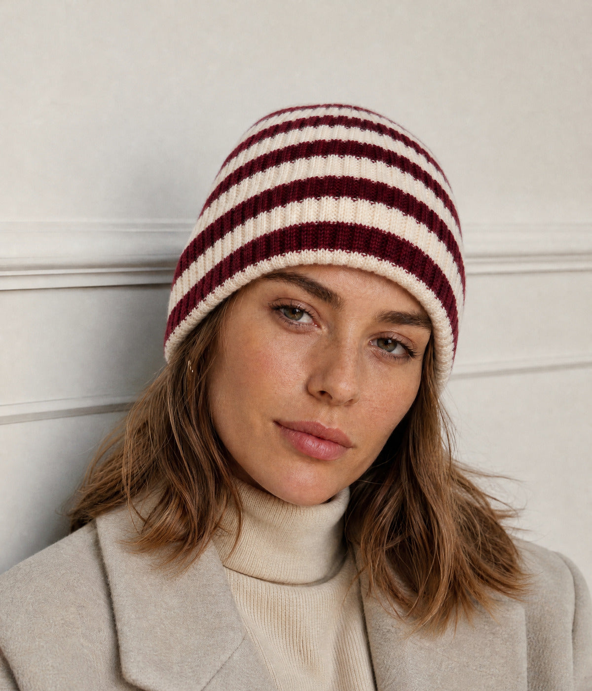 STRIPED BEANIE. — DARK RED worn