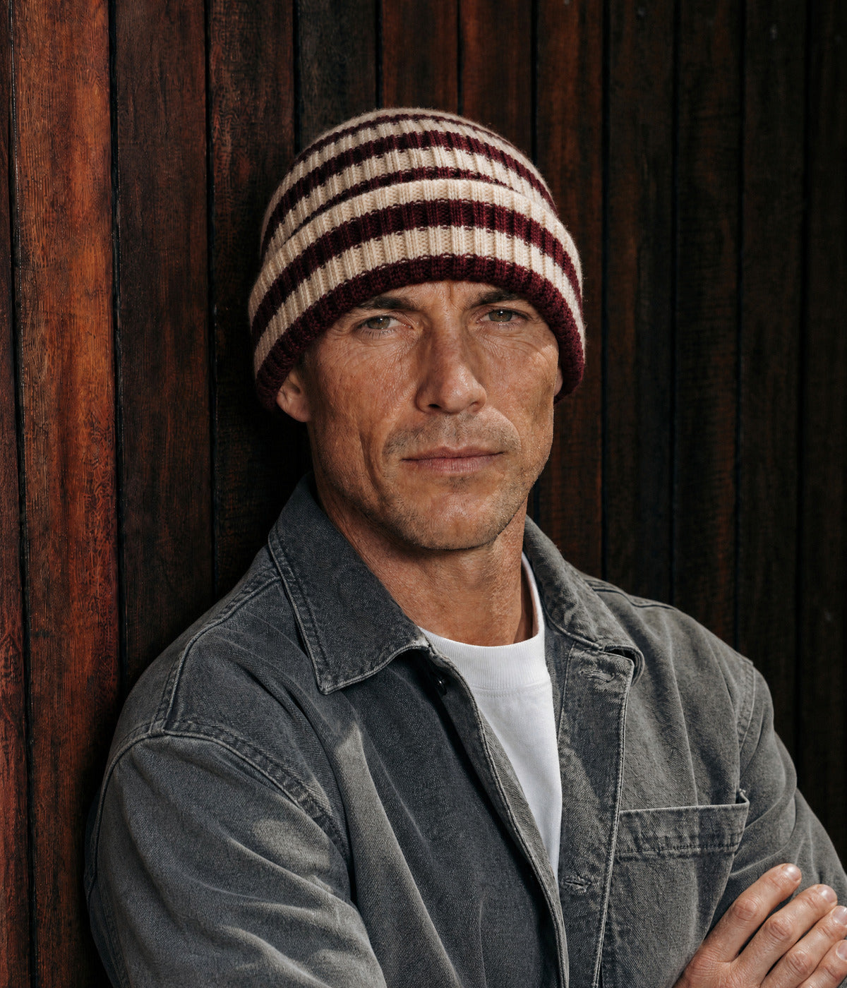 STRIPED BEANIE. — DARK RED worn