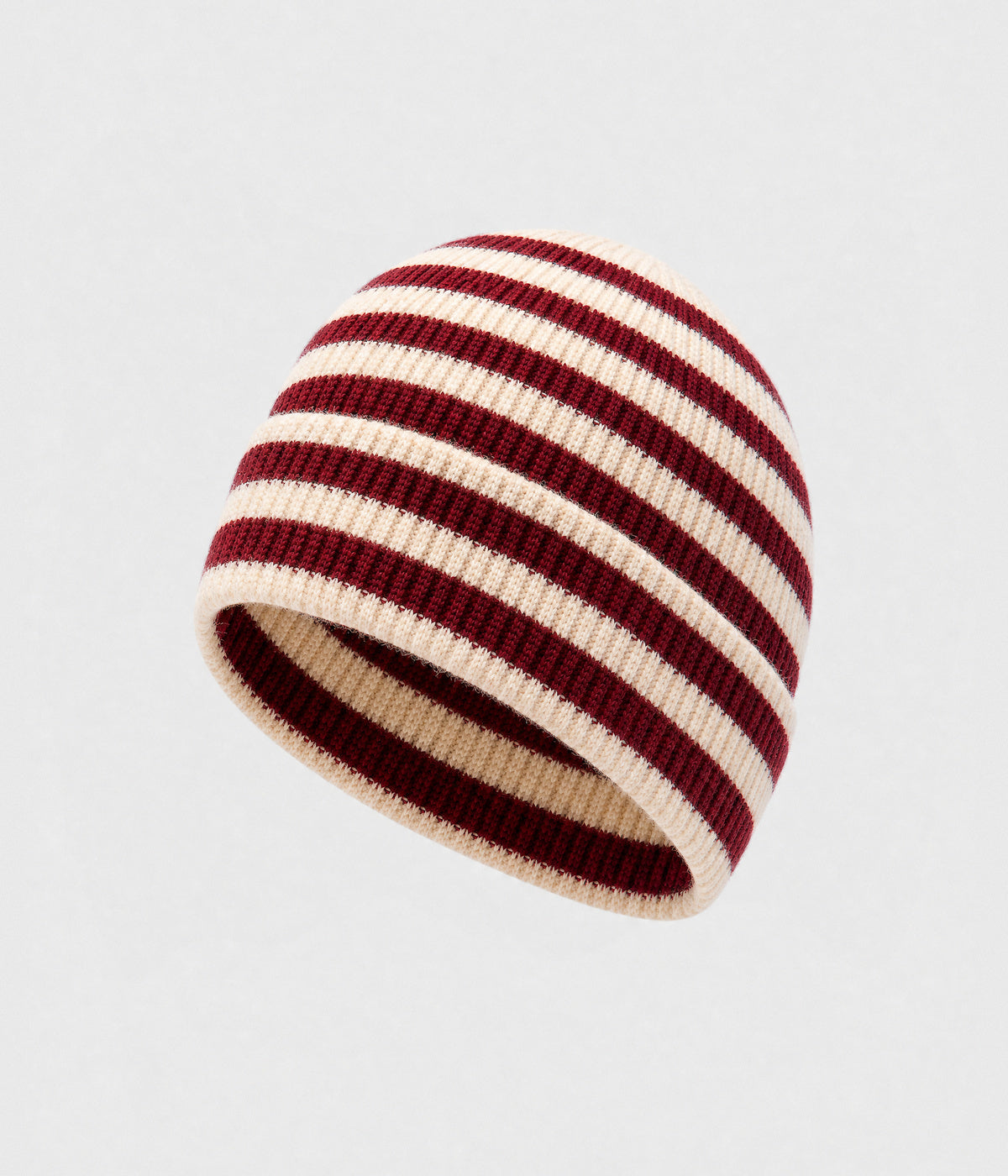 STRIPED BEANIE. ribbed knit beanie in dark red, front view