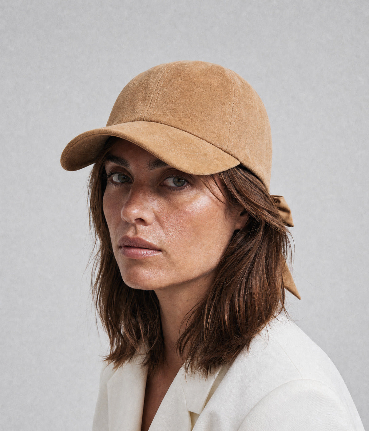 SUEDE BOW CAP. — KHAKI worn