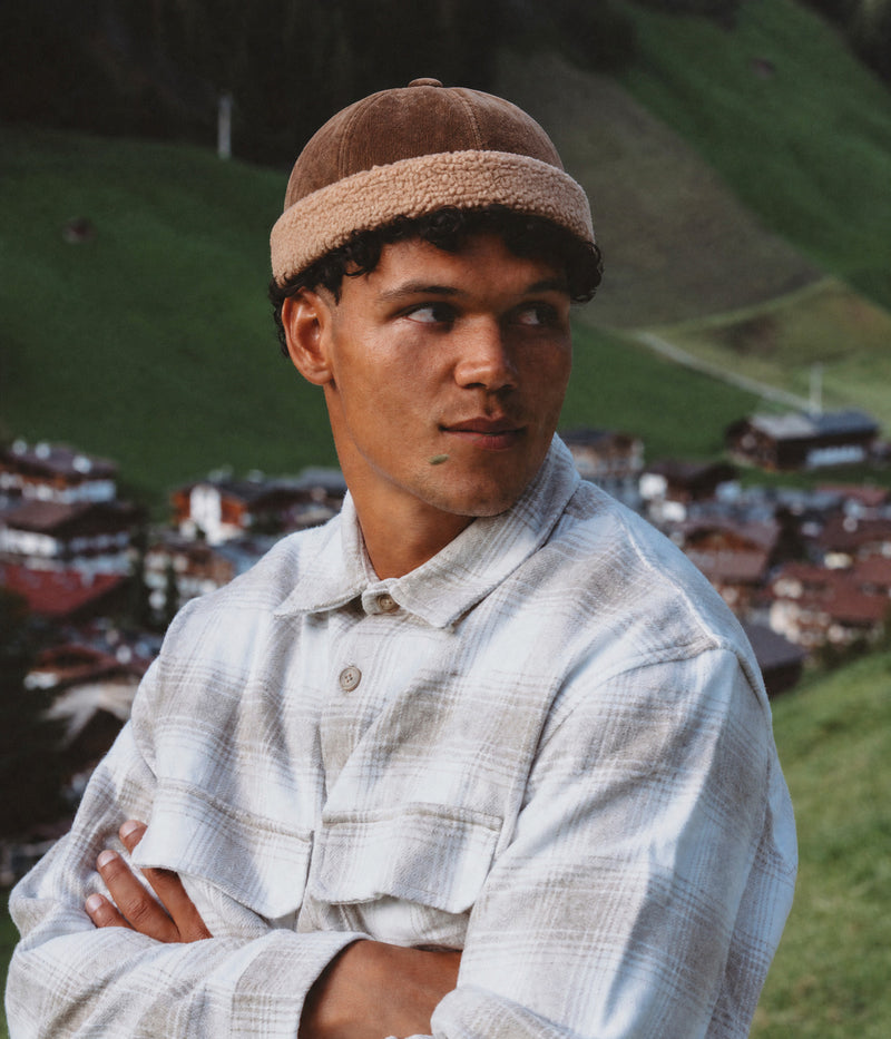 TEDDY FISHERMAN BEANIE. — BROWN worn