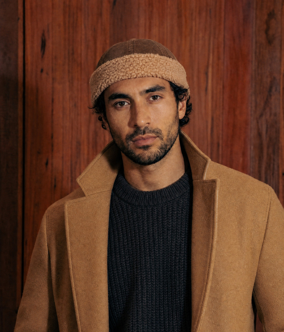 TEDDY FISHERMAN BEANIE. — BROWN worn