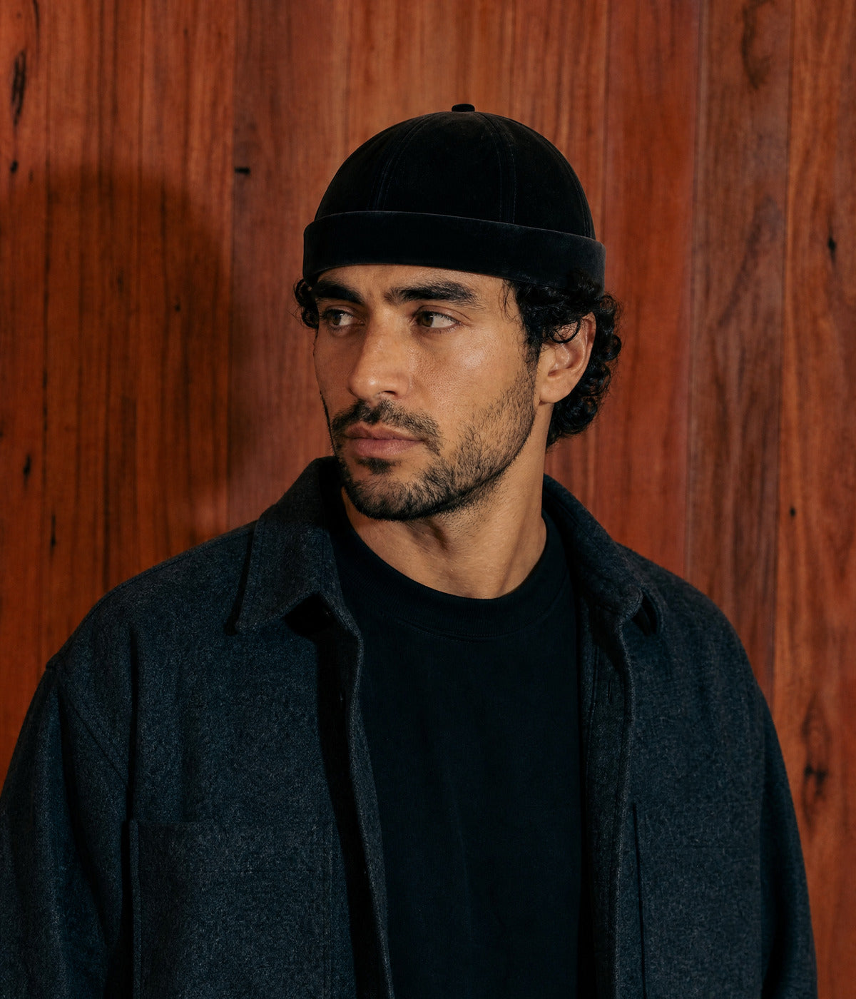VELVET FISHERMAN BEANIE. — BLACK worn