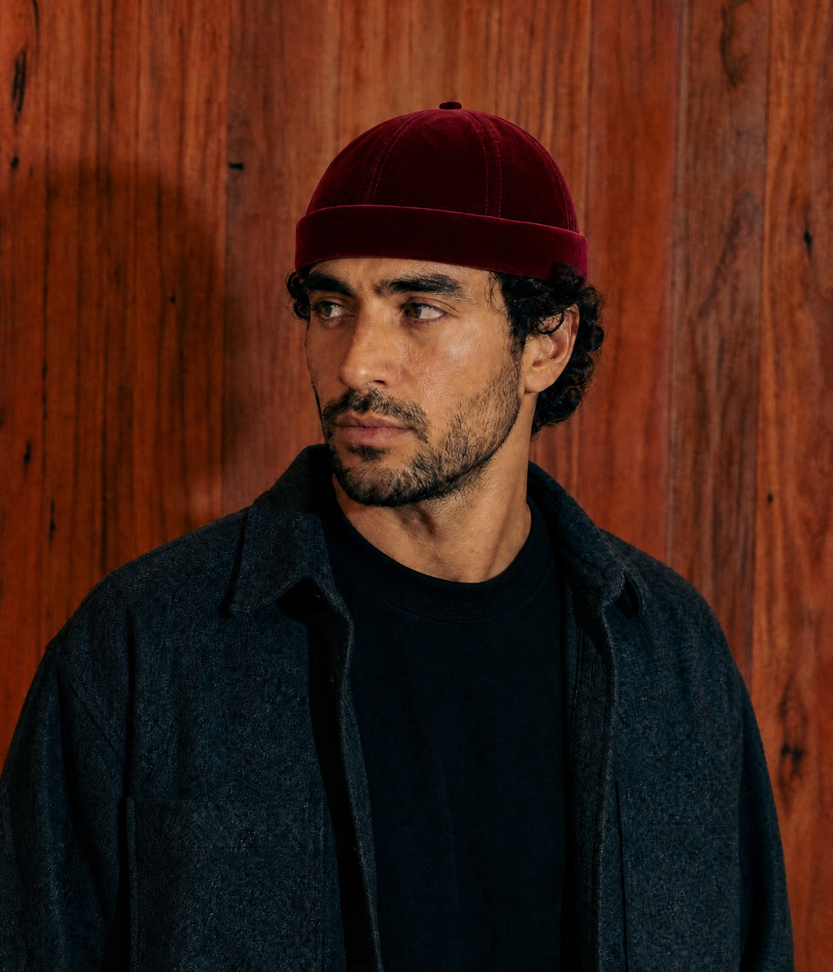 VELVET FISHERMAN BEANIE. — RED worn