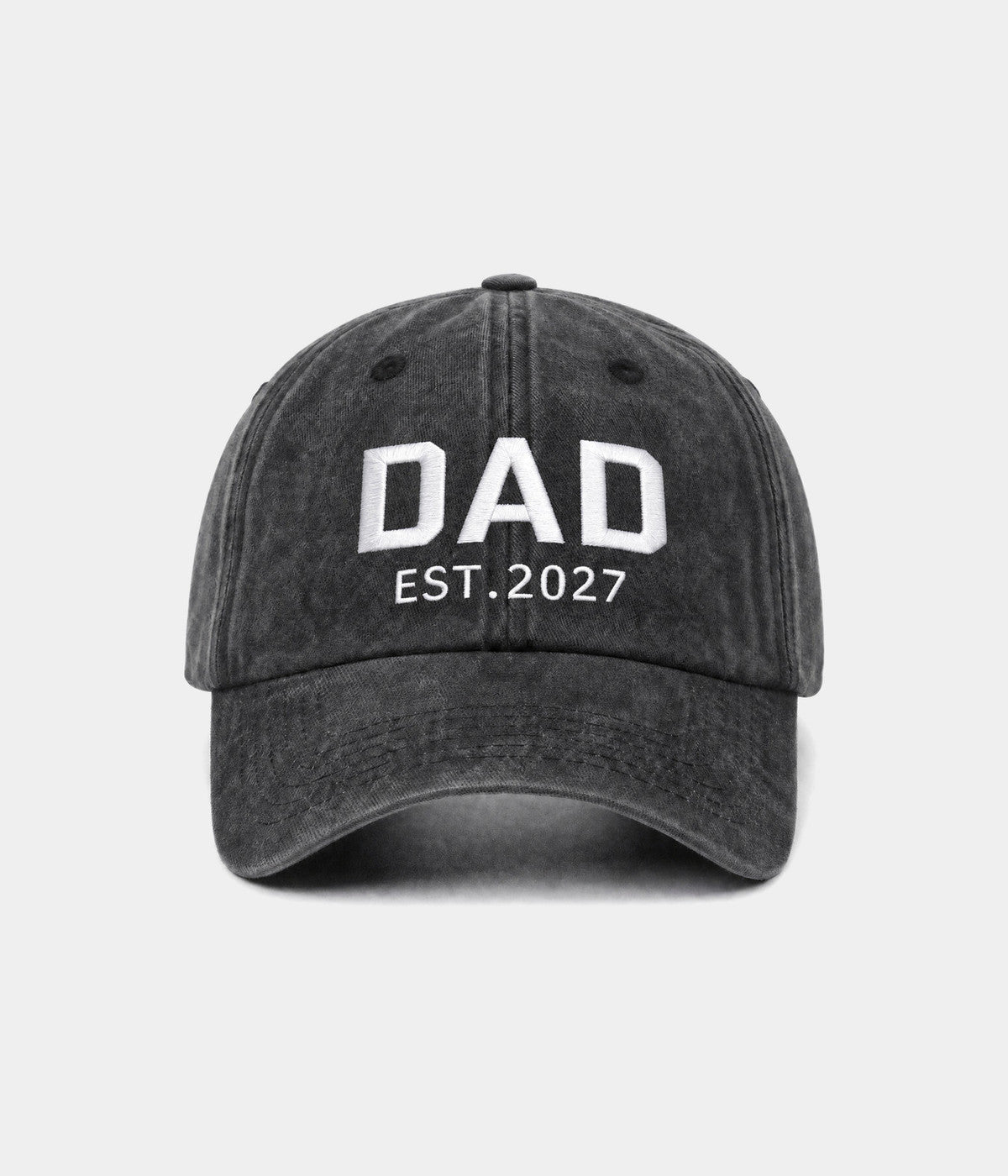 WASHED DAD EST 2027. washed cotton dad cap in BLACK, front view