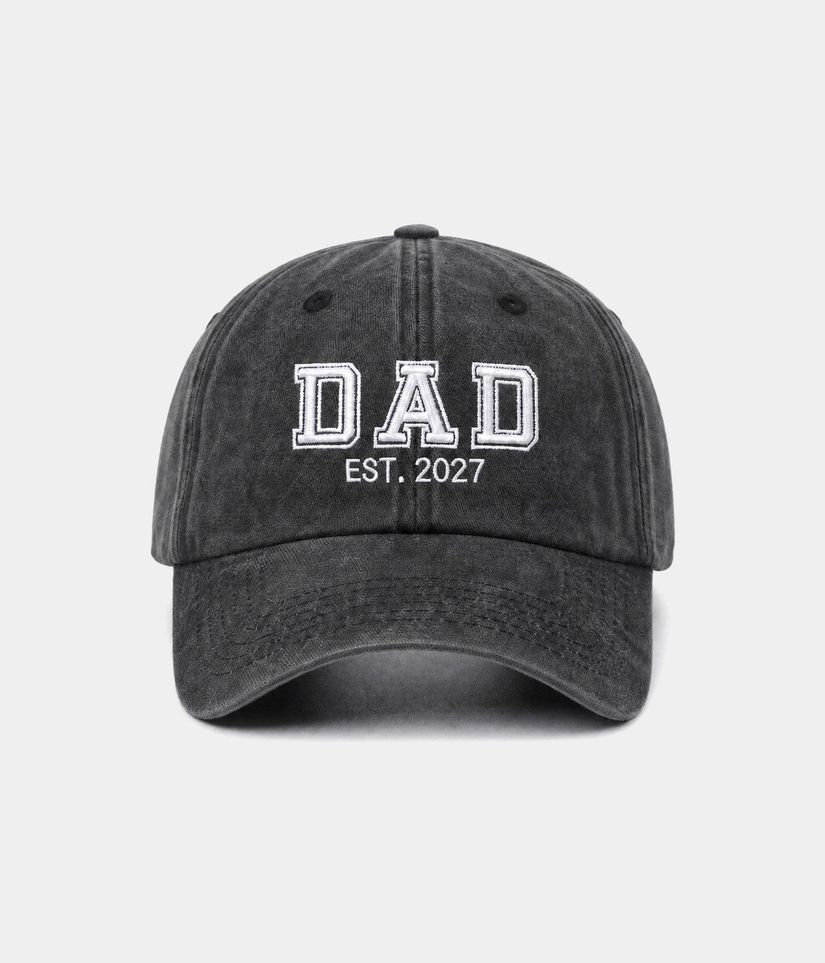 WASHED DAD EST 2027. washed cotton dad cap in BLACK, front view