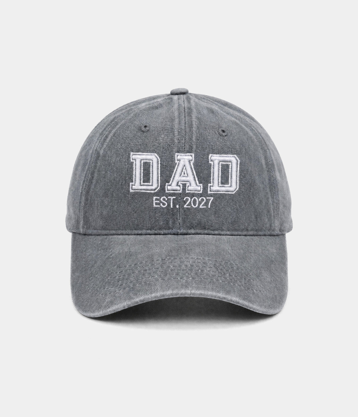 WASHED DAD EST 2027. washed cotton dad cap in GRAY, front view