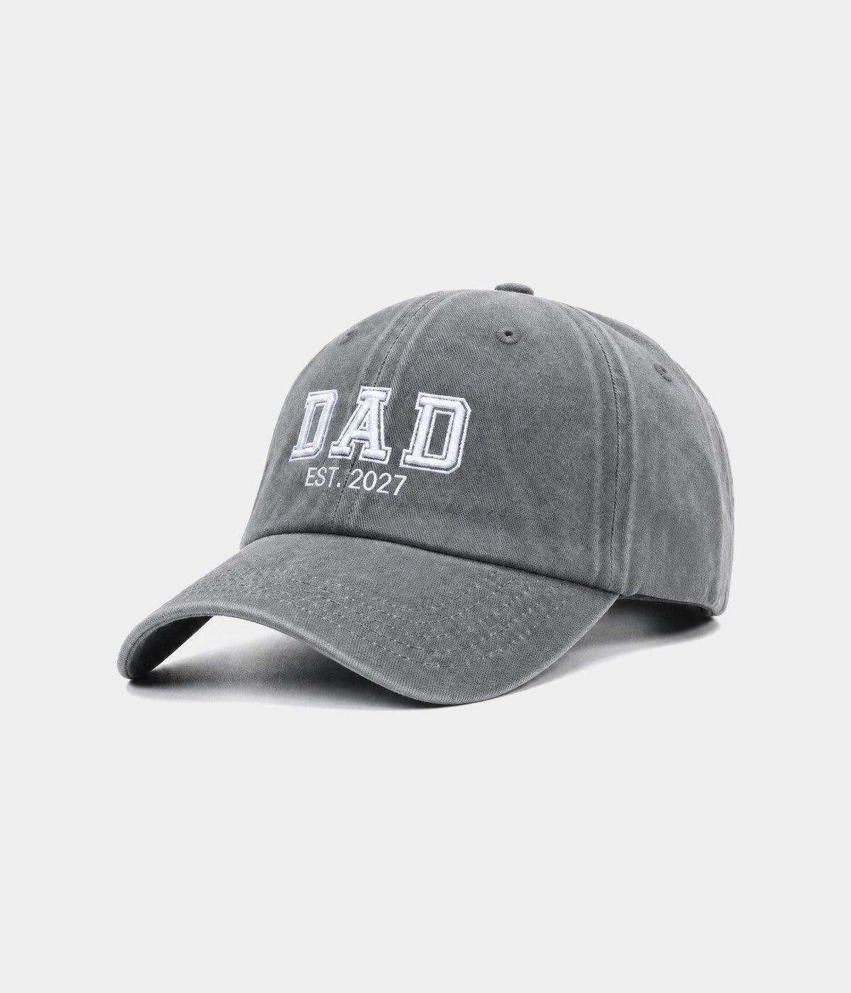 WASHED DAD EST 2027. washed cotton dad cap in GRAY, side view