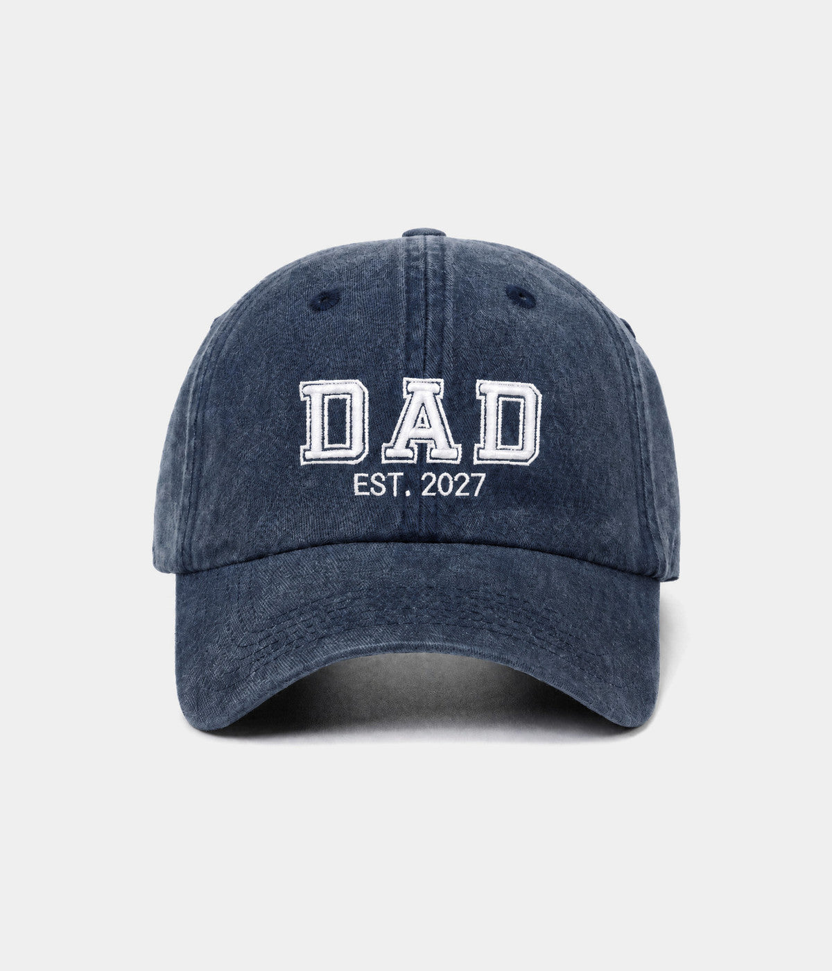 WASHED DAD EST 2027. washed cotton dad cap in NAVY, front view