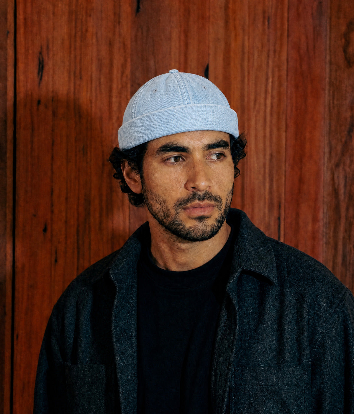 WASHED DENIM FISHERMAN BEANIE. — LIGHT BLUE worn