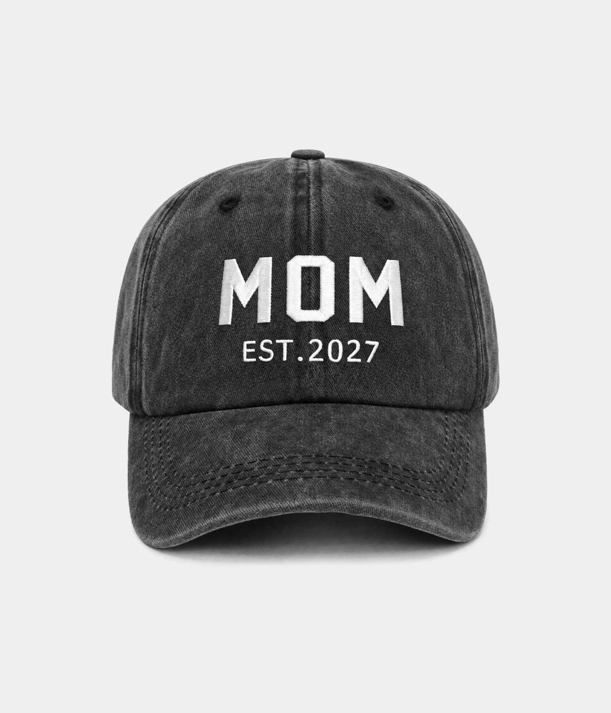 WASHED MOM EST 2027. washed cotton dad cap in BLACK, front view