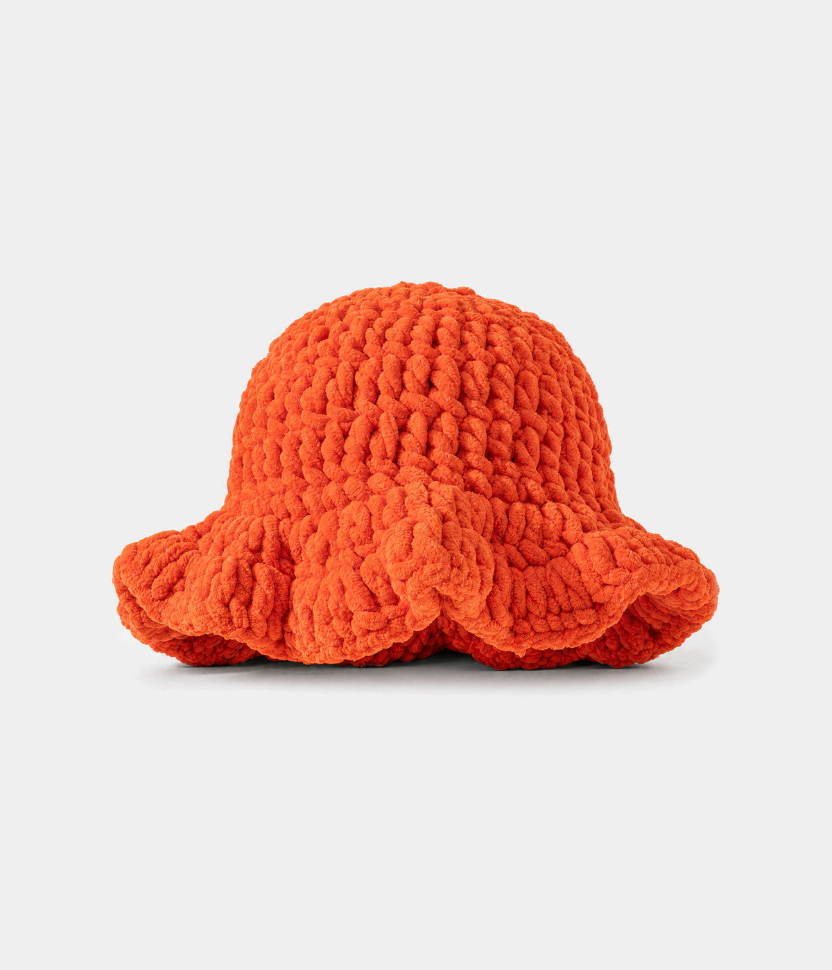 CROCHET RUFFLE BUCKET. crochet bucket hat in ORANGE, front view