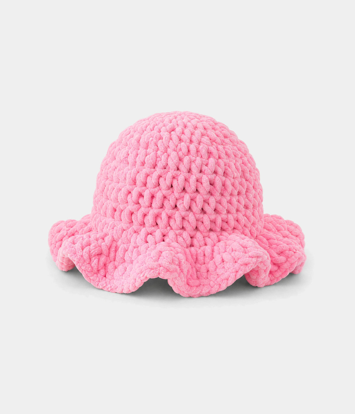 CROCHET RUFFLE BUCKET. crochet bucket hat in PINK, front view
