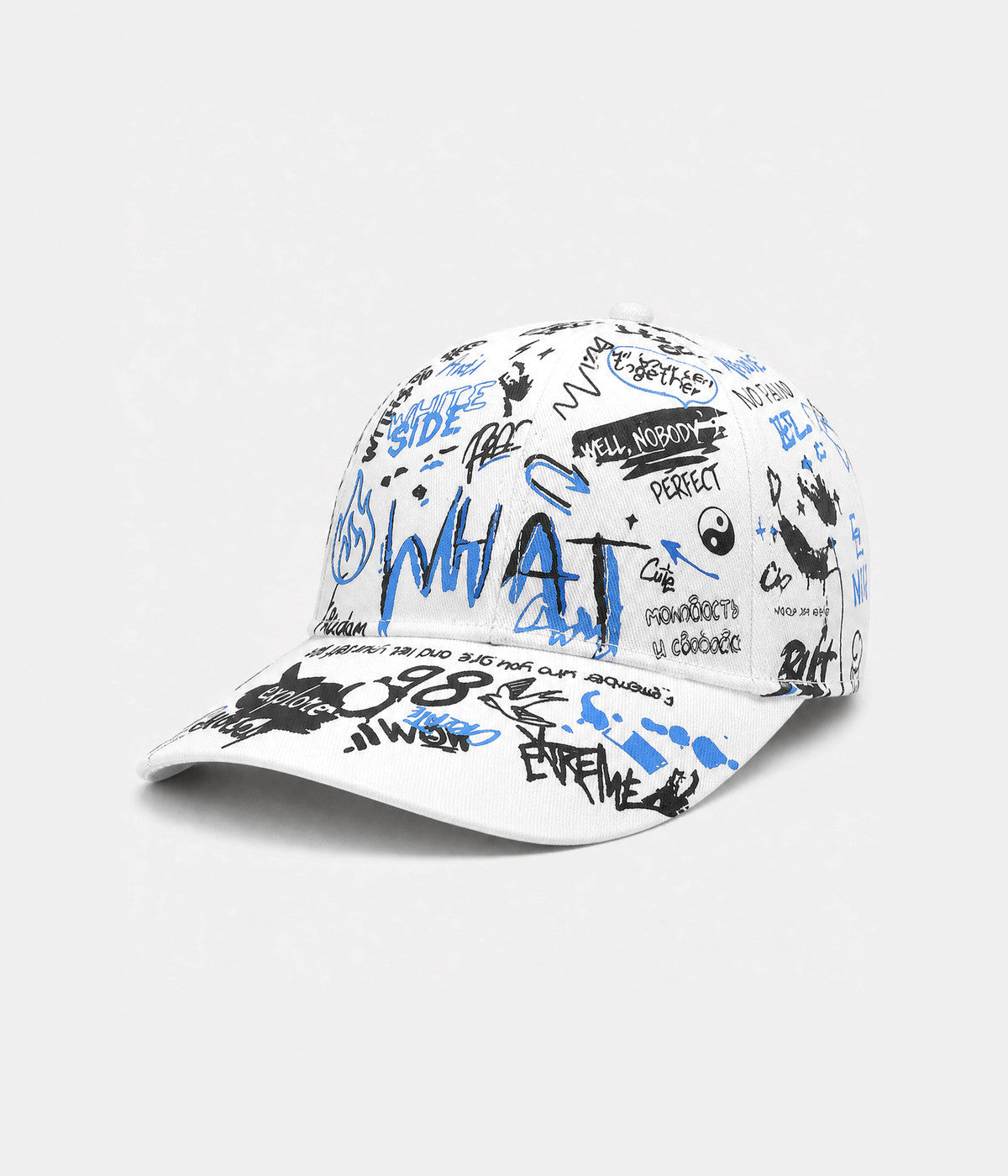 GRAFFITI CAP. printed cap in WHITE/BLUE, side view