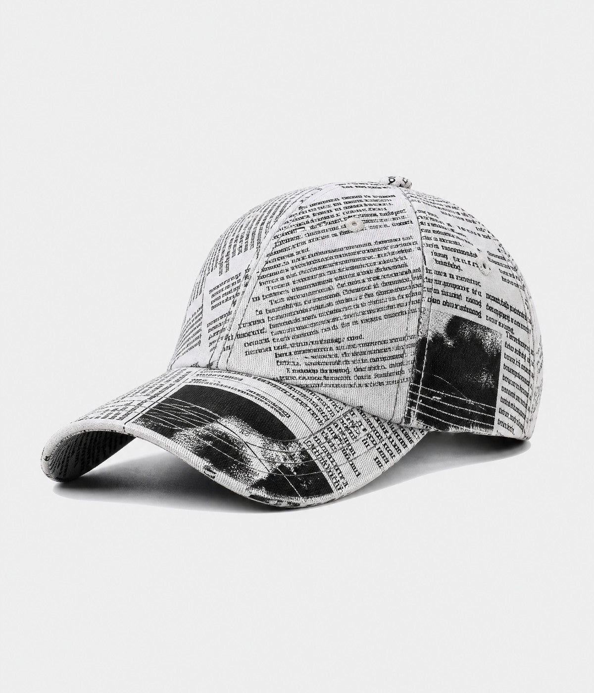 NEWSPRINT. cotton twill newsprint-print cap in white, side view