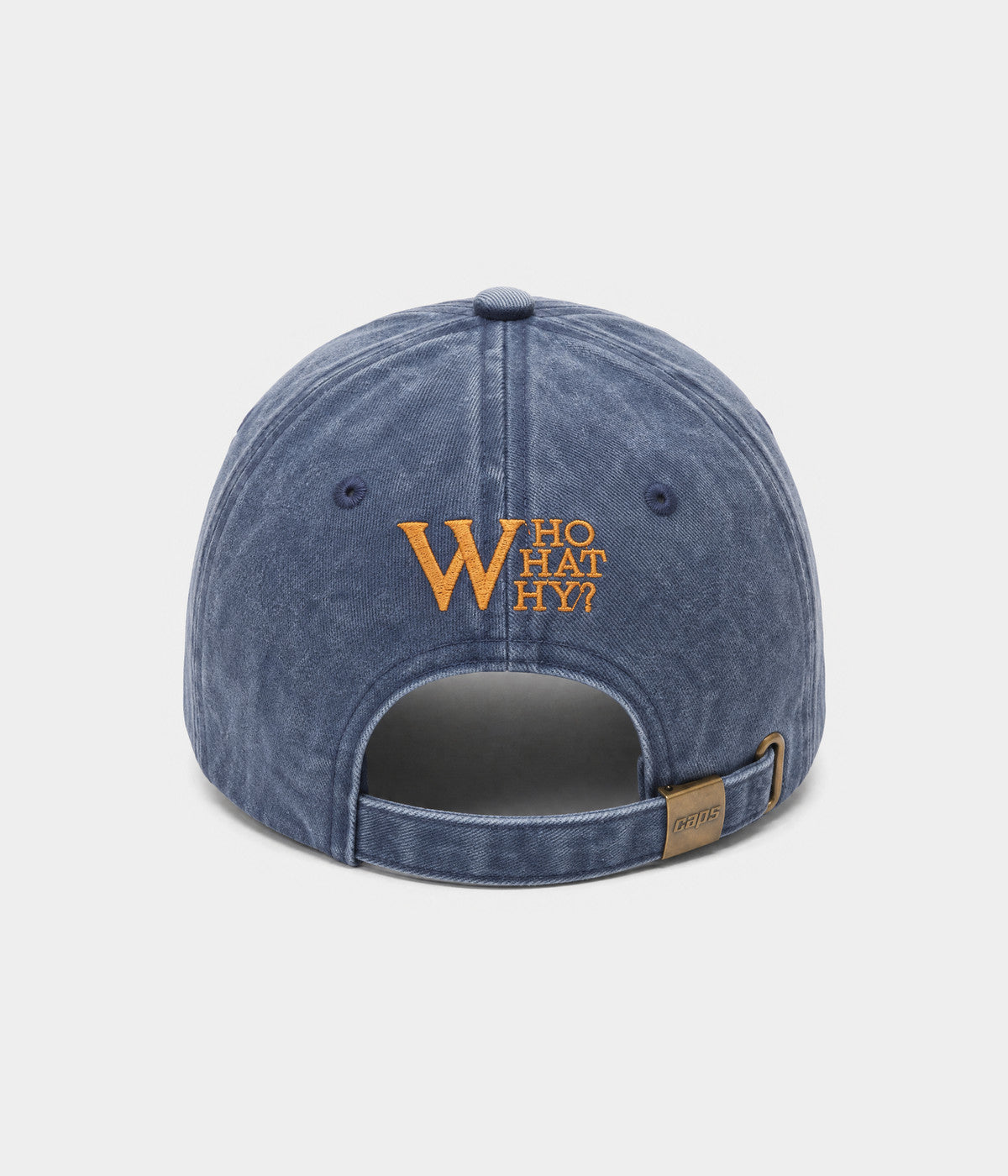 WHO WHAT WHY. washed cotton cap in denim blue, back view