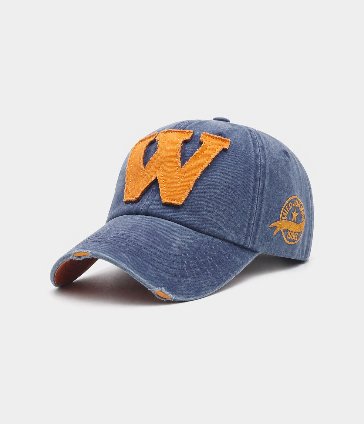 WHO WHAT WHY. washed cotton cap in denim blue, side view