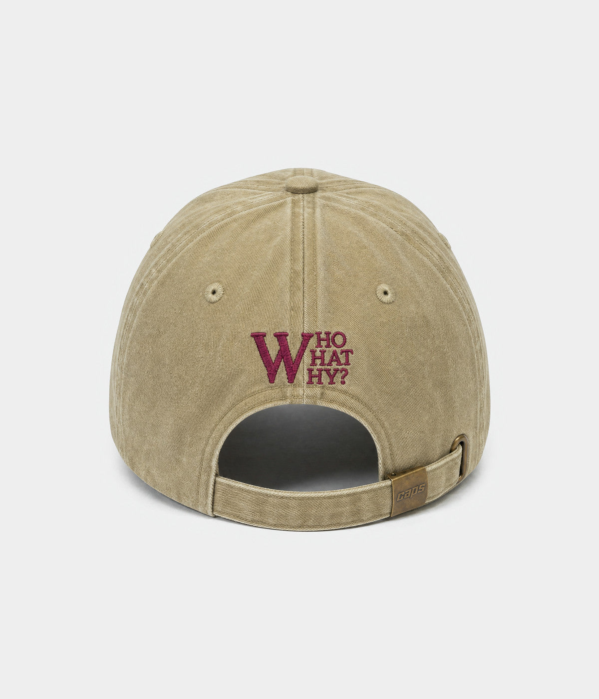 WHO WHAT WHY. washed cotton cap in khaki, back view