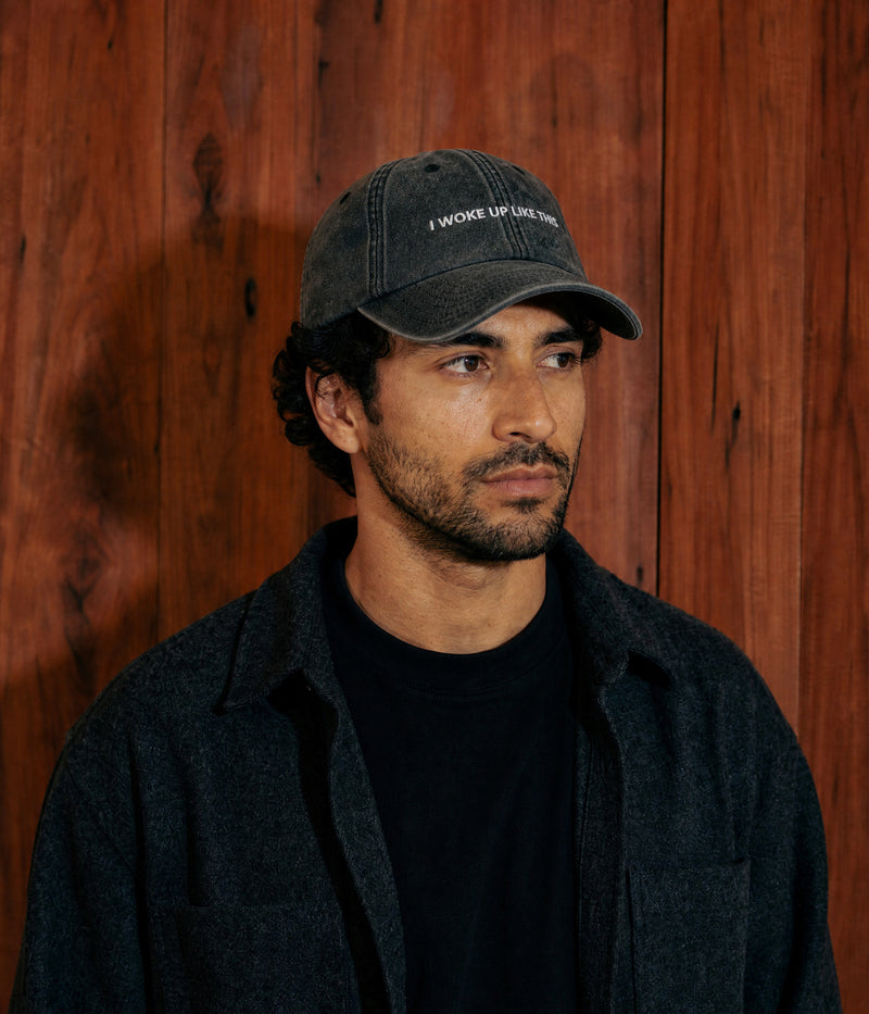 WOKE UP. worn by a man