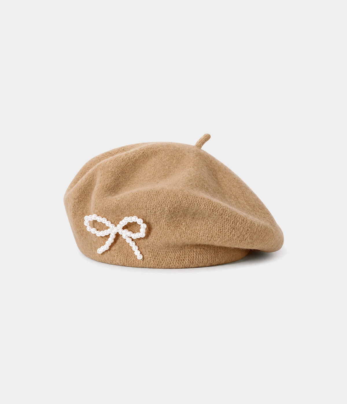 PEARL BOW BERET. wool beret in CAMEL, front view