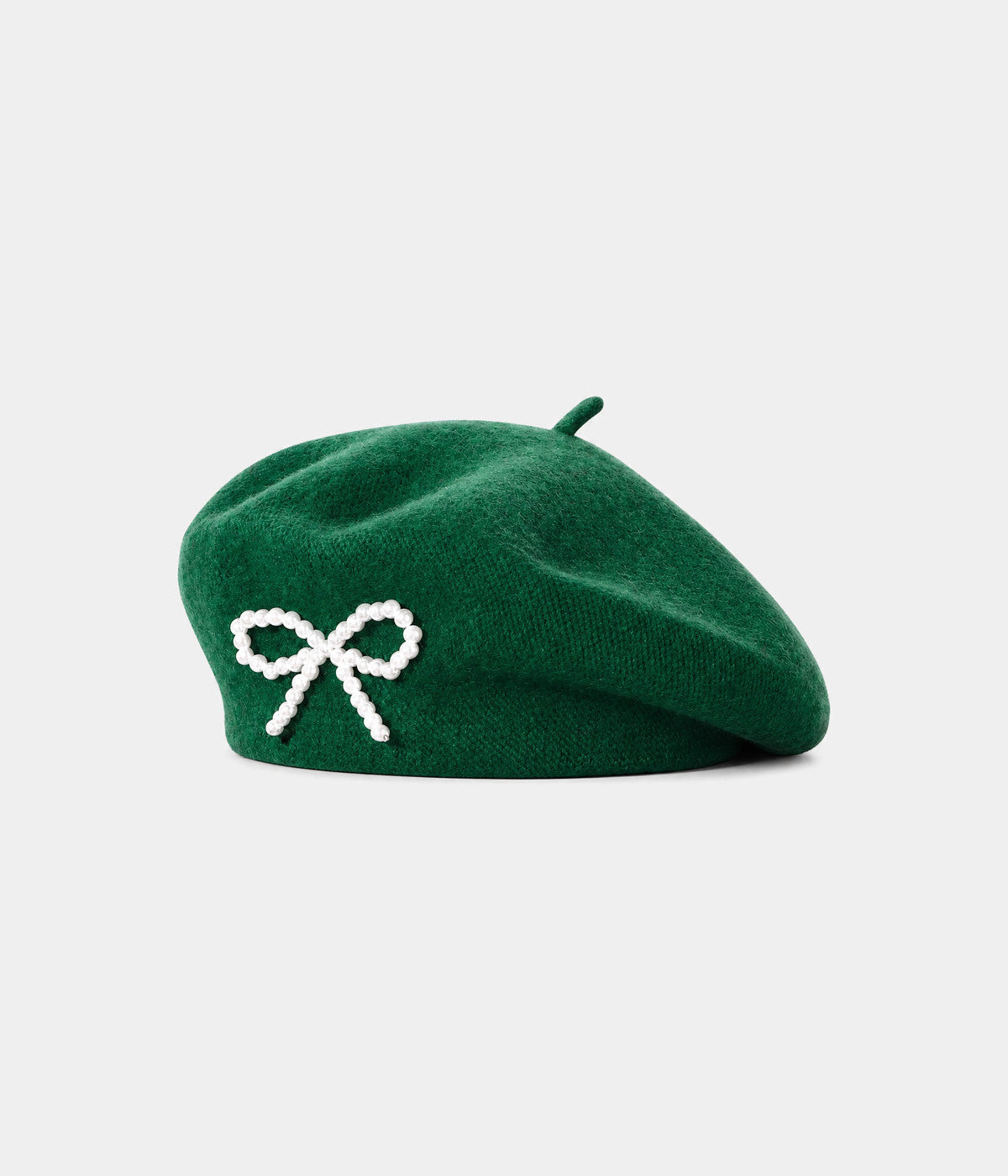 PEARL BOW BERET. wool beret in GREEN, front view