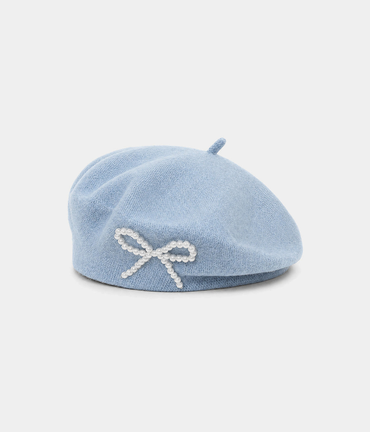 PEARL BOW BERET. wool beret in LIGHT BLUE, front view