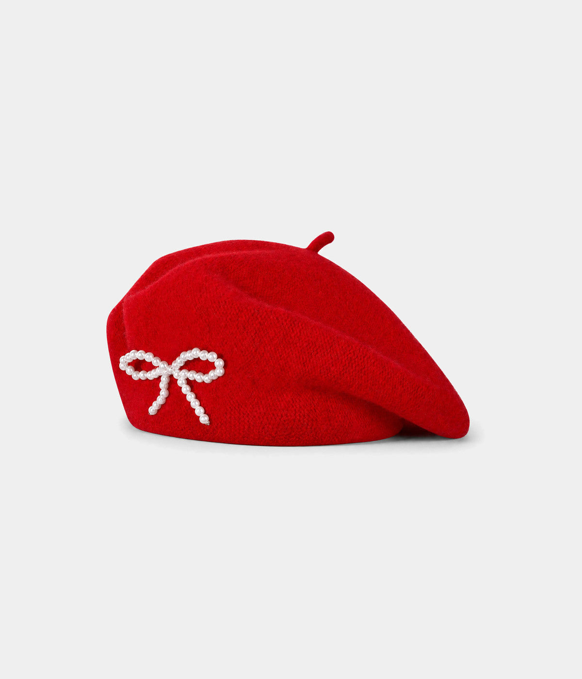 PEARL BOW BERET. wool beret in RED, front view